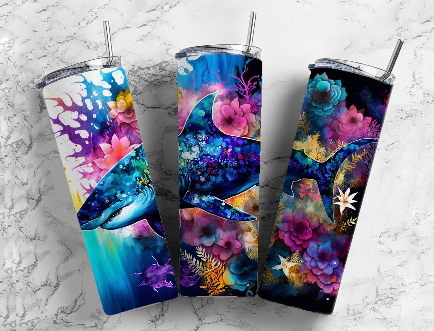 Rainbow shark 20oz Sublimation Tumbler Designs, Ocean floral 9.2 x 8.3” Straight Skinny Tumbler Wrap PNG