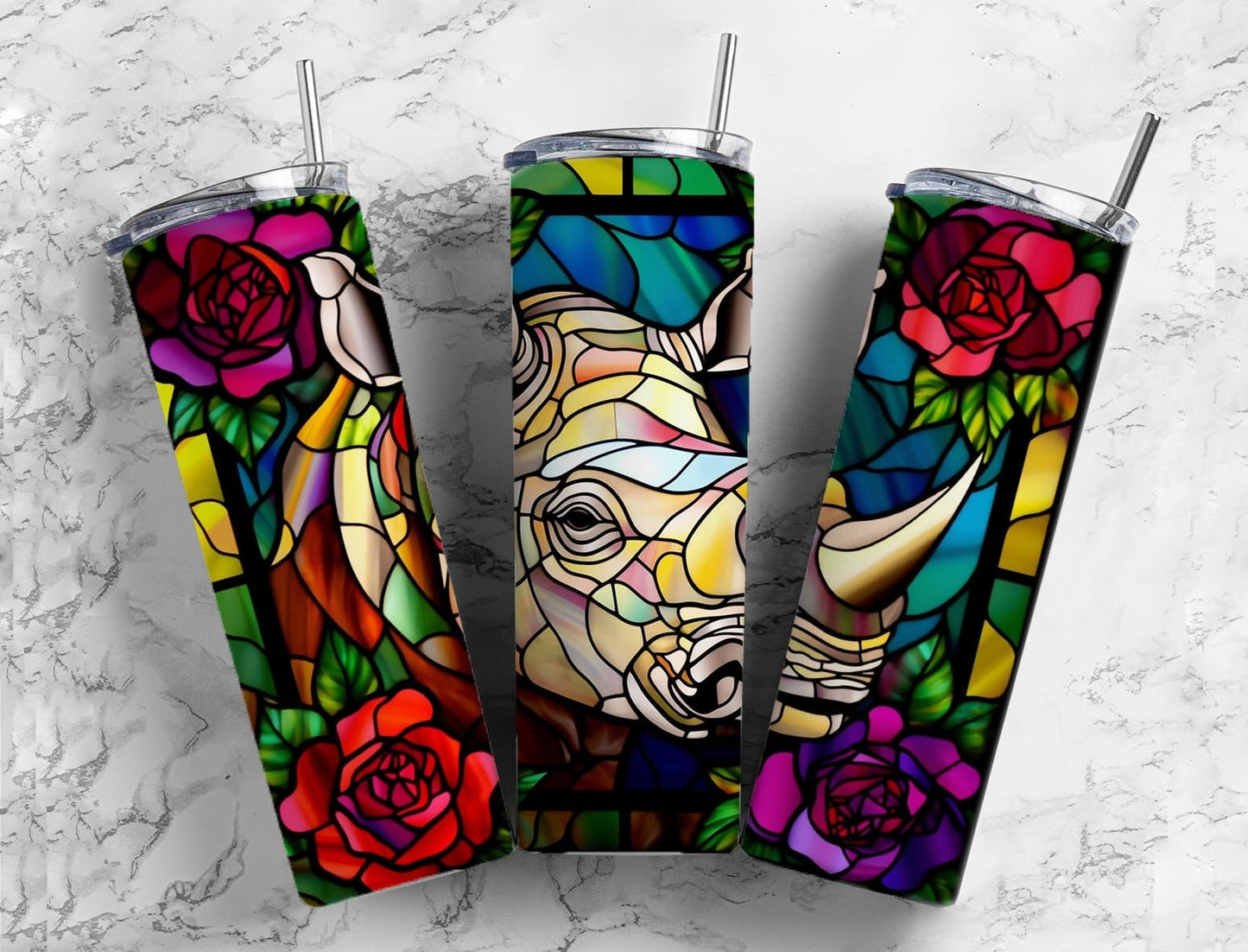 Rhinoceros floral 20oz Sublimation Tumbler Designs, Stained glass 9.2 x 8.3” Straight Skinny Tumbler Wrap PNG