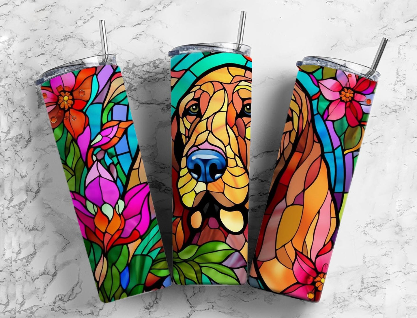 Bloodhound dog 20oz Sublimation Tumbler Designs, Stained glass floral 9.2 x 8.3” Straight Skinny Tumbler Wrap PNG