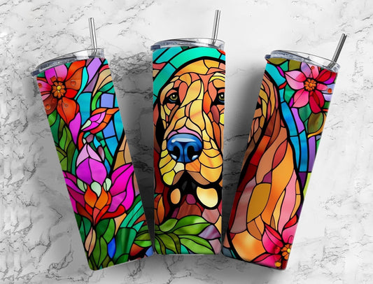 Bloodhound dog 20oz Sublimation Tumbler Designs, Stained glass floral 9.2 x 8.3” Straight Skinny Tumbler Wrap PNG