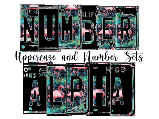 Flamingo Number Plate Alphabet Uppercase Numbers PNG, Teal Alphabet PNG Digital Download