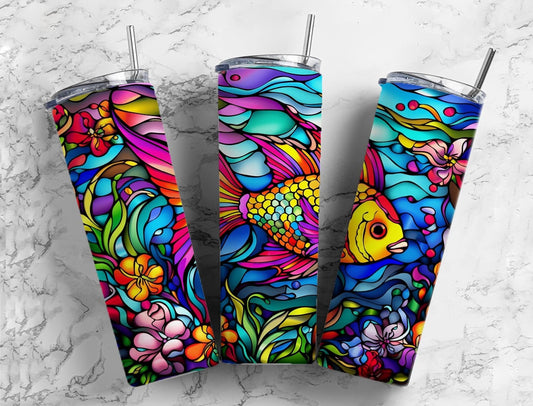 Rainbow ocean 20oz Sublimation Tumbler Designs, Colorful fish 9.2 x 8.3” Straight Skinny Tumbler Wrap PNG