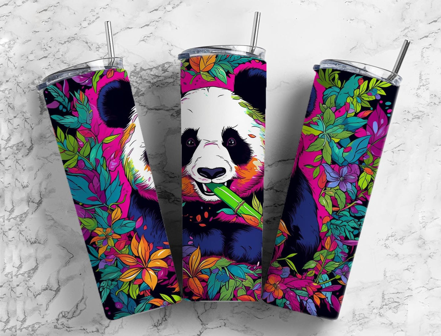 colorful panda 20oz Sublimation Tumbler Designs, Bamboo forest 9.2 x 8.3” Straight Skinny Tumbler Wrap PNG