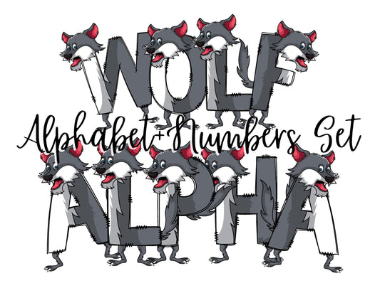 Wolf Doodle Letters Alphabet with Uppercase and Numbers PNG, Alphabet PNG Digital Download