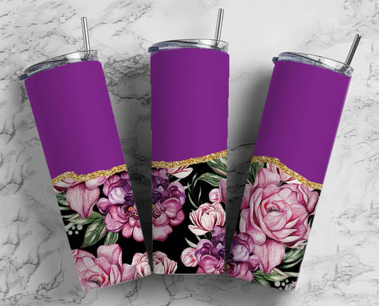 Purple Flower 20oz Sublimation Tumbler Designs, AestheticFloral 9.2 x 8.3” Straight Skinny Tumbler Wrap PNG, Gold Agate 177