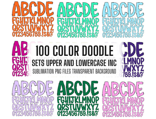 100 MEGA BUNDLE - Doodle Letters! 100 Solid Colours Uppercase & Lowercase, Entire Doodle Alphabet, Numbers, Individually Saved PNG