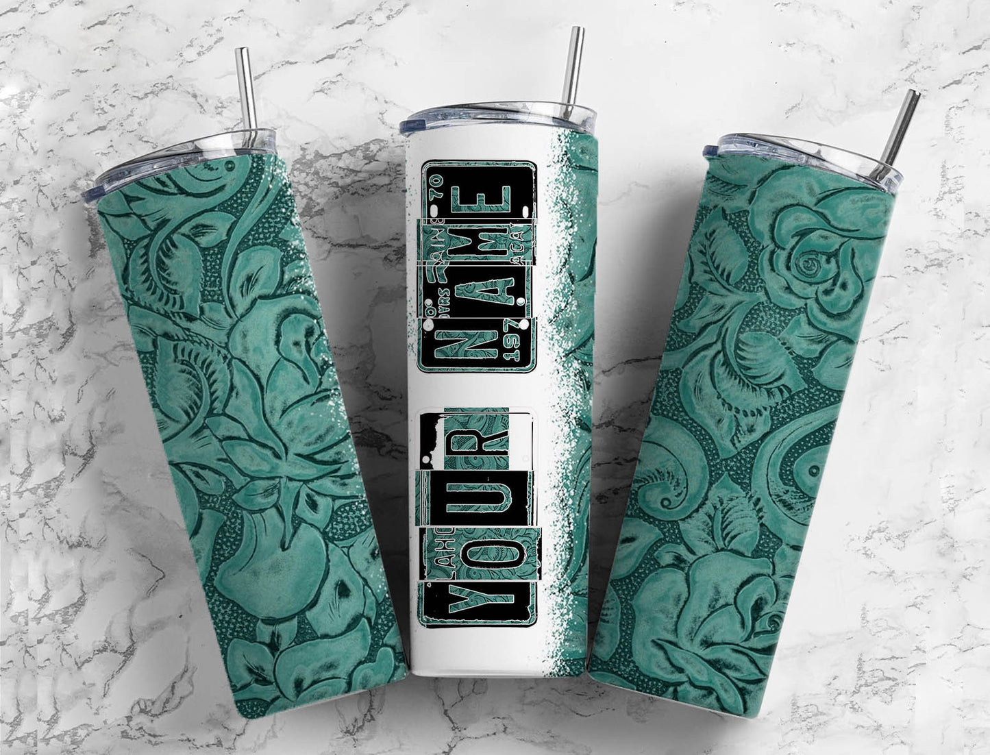 Blue floral Number Plate 20 oz Tumbler with Matching Alphabet PNG, teal botanical Alphabet PNG Digital Download