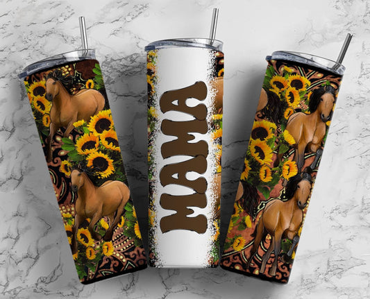 Sunflower Horse 20oz Sublimation Tumbler Designs, Retro Mama 9.2 x 8.3” Straight Skinny Tumbler Wrap PNG, Mom Tumbler