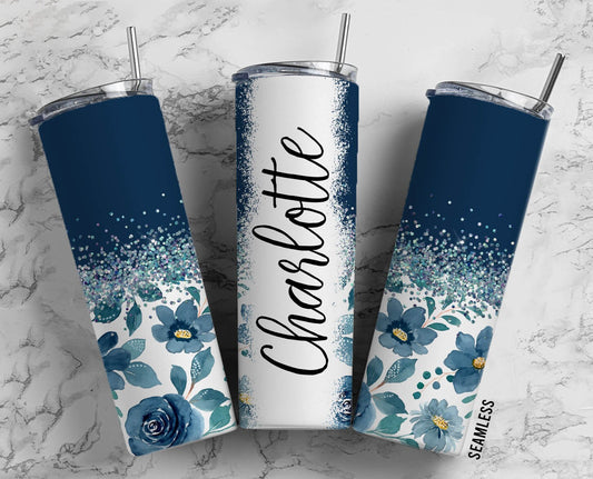 Wallpaper Blue Flowers 20oz Sublimation Tumbler Designs, Floral 9.2 x 8.3” Straight Skinny Tumbler Wrap PNG 118