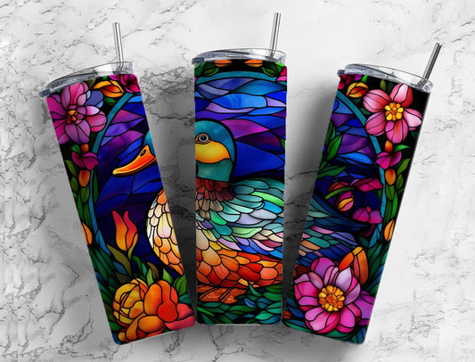 Stained glass 20oz Sublimation Tumbler Designs, Duck floral 9.2 x 8.3” Straight Skinny Tumbler Wrap PNG