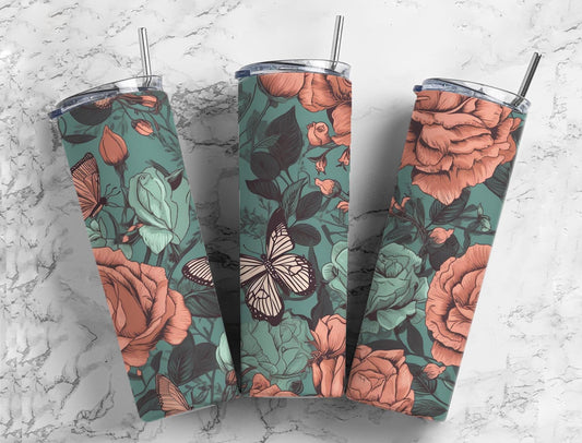 Roses butterflies 20oz Sublimation Tumbler Designs, Floral 9.2 x 8.3” Straight Skinny Tumbler Wrap PNG