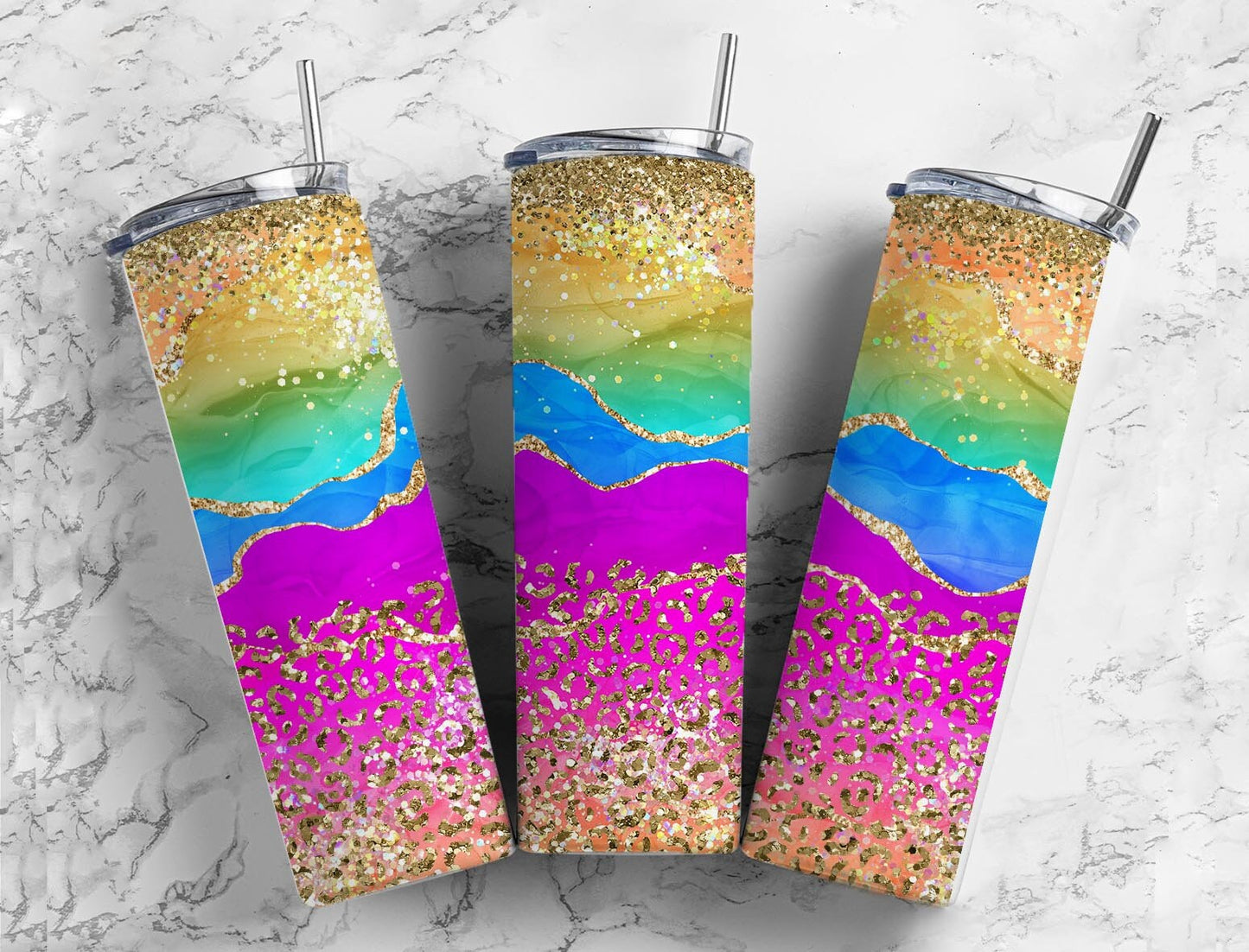 Rainbow Agate 20oz Sublimation Tumbler Designs, Gold Leopard Fluro 9.2 x 8.3” Straight Skinny Tumbler Wrap PNG