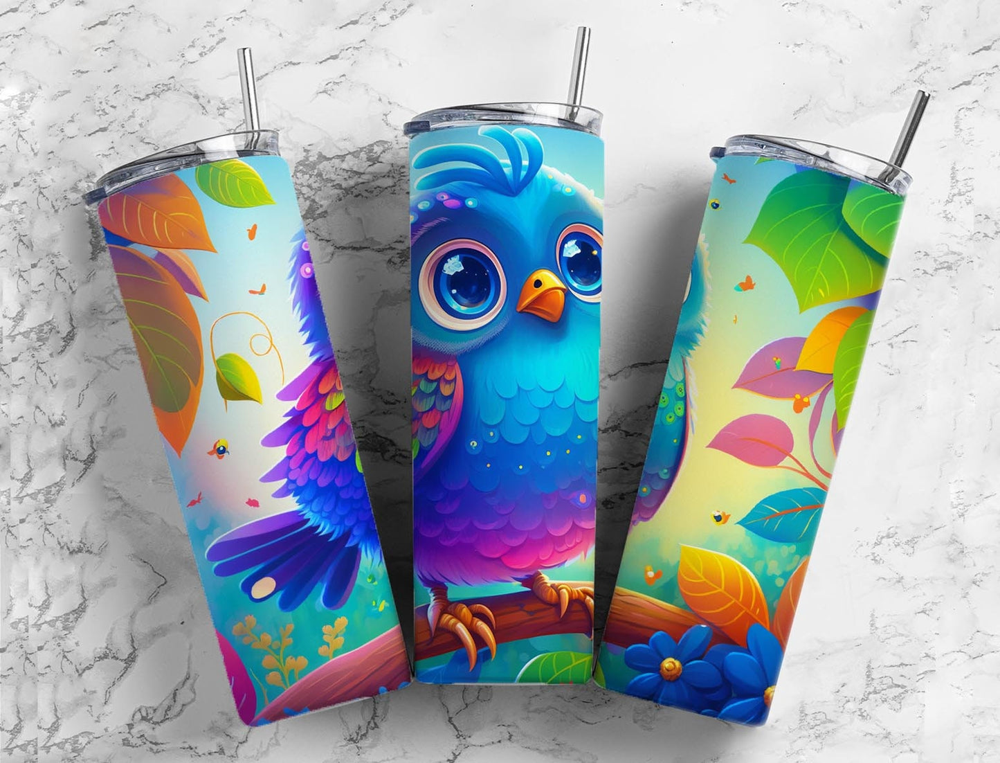 Cartoon bird 20oz Sublimation Tumbler Designs, Rainbow colorful 9.2 x 8.3” Straight Skinny Tumbler Wrap PNG