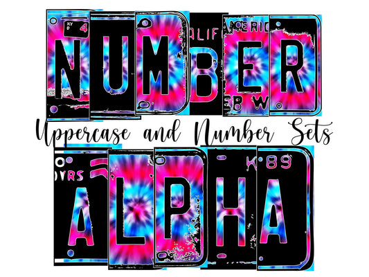 Tie Dye Number Plate Alphabet Uppercase Numbers PNG, Pink and Blue Alphabet PNG Digital Download