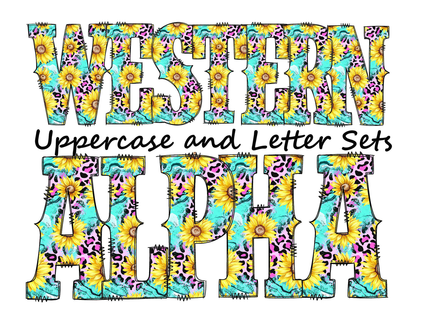 Turquoise sunflower Doodle Letters Western Alphabet, Pink leopard print Alphabet PNG, Entire Doodle Alphabet Uppercase and Numbers PNG