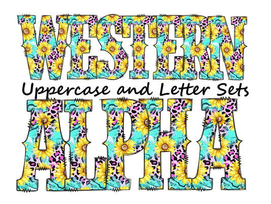 Turquoise sunflower Doodle Letters Western Alphabet, Pink leopard print Alphabet PNG, Entire Doodle Alphabet Uppercase and Numbers PNG