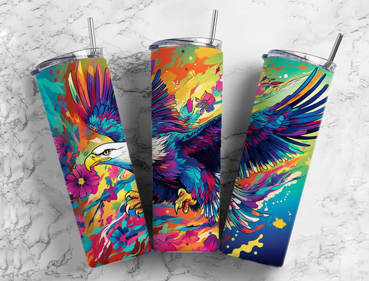 Rainbow eagle 20oz Sublimation Tumbler Designs, colorful floral 9.2 x 8.3” Straight Skinny Tumbler Wrap PNG