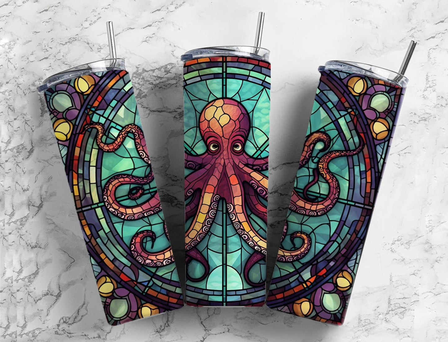 Stained glass window 20oz Sublimation Tumbler Designs, nautical octopus 9.2 x 8.3” Straight Skinny Tumbler Wrap PNG