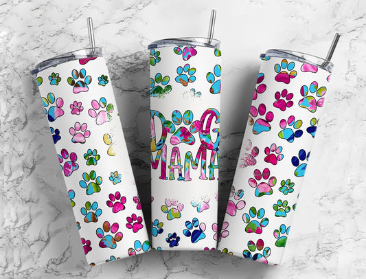 Dog mama 20oz Sublimation Tumbler Designs, Colorful paw print 9.2 x 8.3” Straight Skinny Tumbler PNG