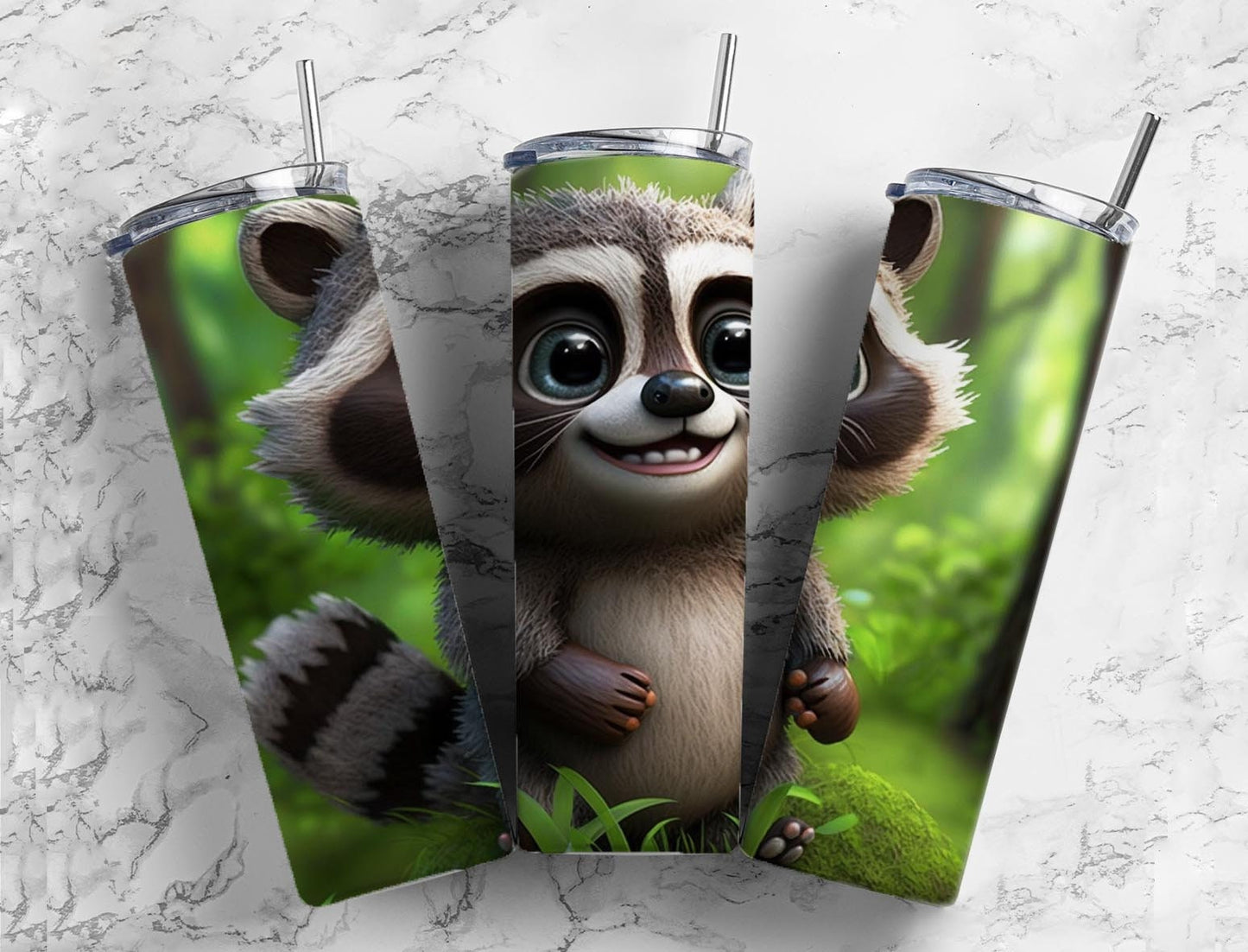 Cartoon raccoon 20oz Sublimation Tumbler Designs, Woodland forest 9.2 x 8.3” Straight Skinny Tumbler Wrap PNG