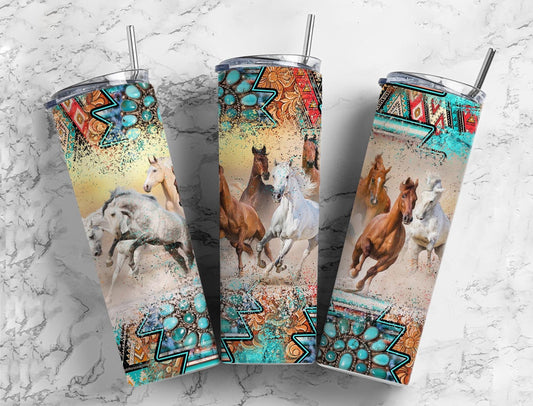 Turquoise Horse 20oz Sublimation Tumbler Designs, Aztec Country Western 9.2 x 8.3” Straight Skinny Tumbler, Horse Lover Wrap PNG