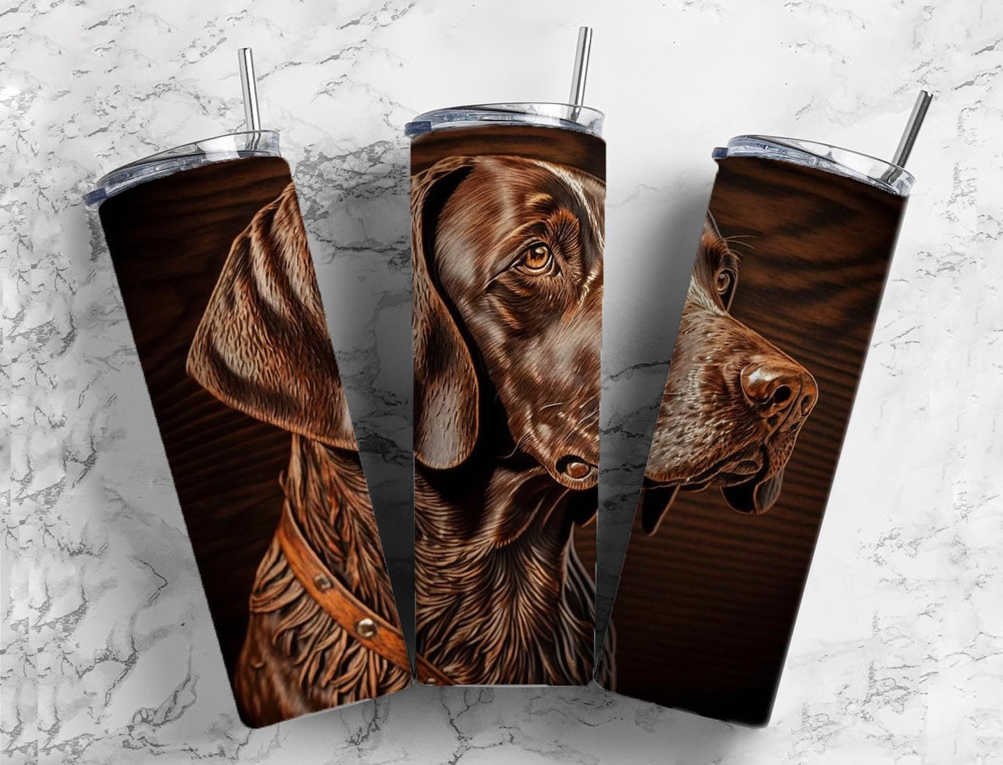 Tooled leather German short haired pointer 20oz Sublimation Tumbler Designs, Engraved leather 9.2 x 8.3” Straight Skinny Tumbler Wrap PNG