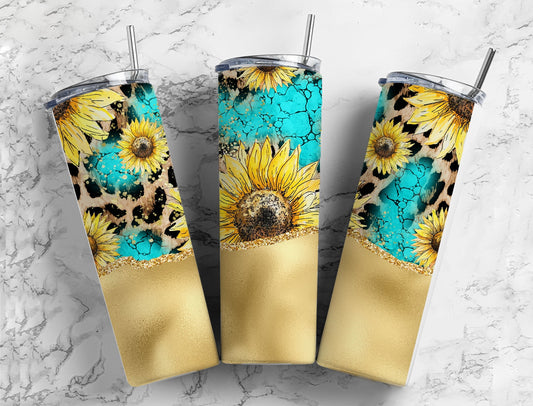 Sunflower Leopard 20oz Sublimation Tumbler Designs, Gold Turquoise Country Western 9.2 x 8.3” Straight Skinny Tumbler Wrap PNG 21