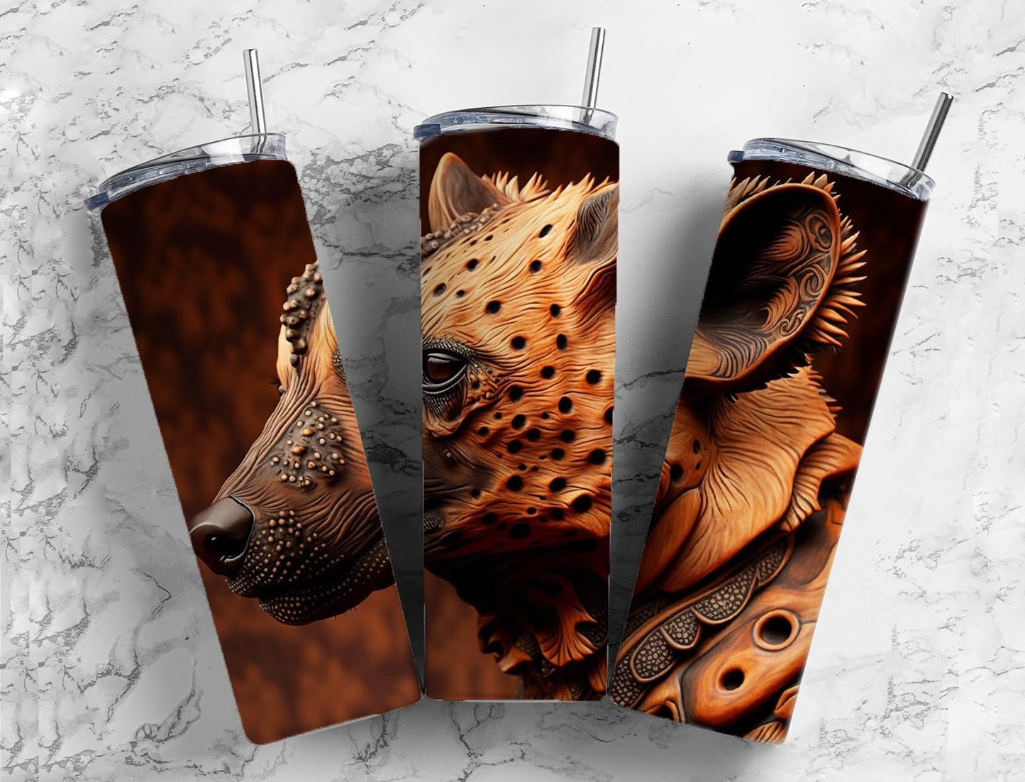 Tooled leather hyena Tumbler Designs, Engraved leather 9.2 x 8.3” Straight Skinny Tumbler Wrap PNG