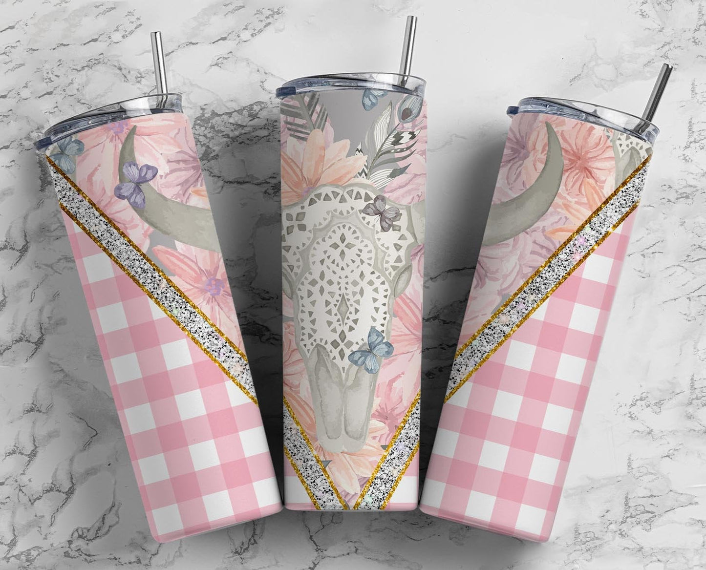 Cow Skull 20oz Sublimation Tumbler Designs, Pink Pastel 9.2 x 8.3” Straight Skinny Tumbler Wrap