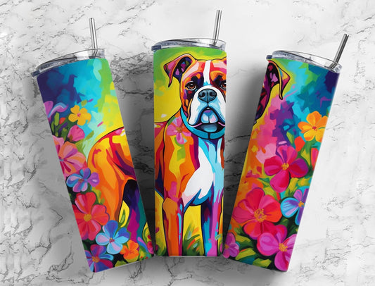 Boxer dog 20oz Sublimation Tumbler Designs, Rainbow floral 9.2 x 8.3” Straight Skinny Tumbler Wrap PNG