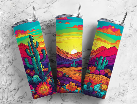 Cactus desert 20oz Sublimation Tumbler Designs, sunset landscape 9.2 x 8.3” Straight Skinny Tumbler Wrap PNG