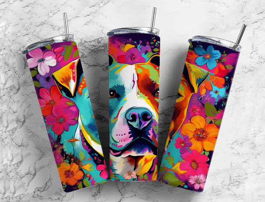 Staffordshire terrier 20oz Sublimation Tumbler Designs, Floral landscape 9.2 x 8.3” Straight Skinny Tumbler Wrap PNG