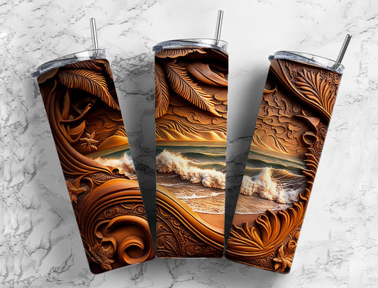 Tooled leather beach 20oz Sublimation Tumbler Designs, Engraved leather 9.2 x 8.3” Straight Skinny Tumbler Wrap PNG