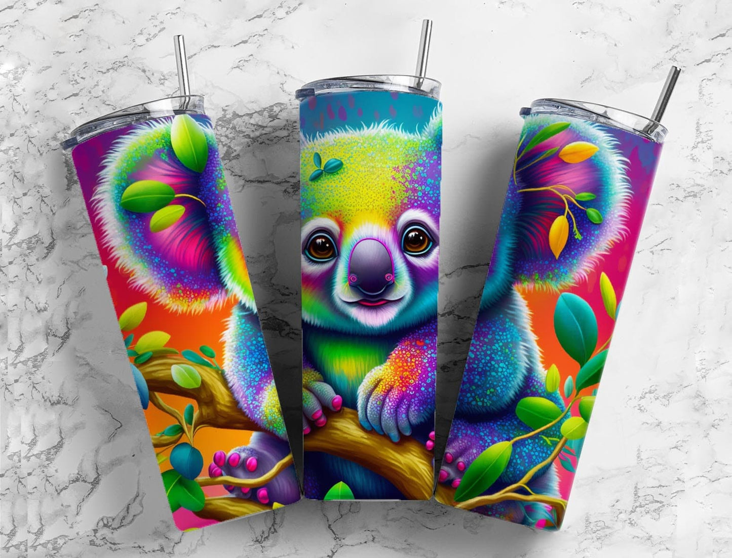 Cartoon koala 20oz Sublimation Tumbler Designs, Colorful rainbow 9.2 x 8.3” Straight Skinny Tumbler Wrap PNG