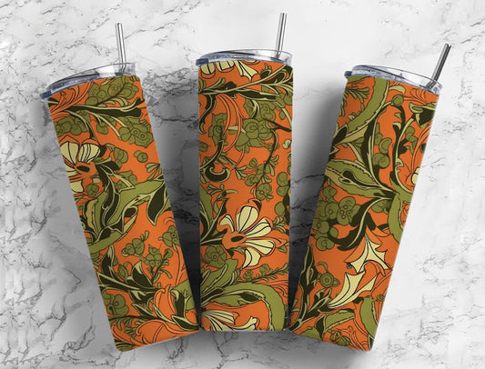 Retro botanical 20oz Sublimation Tumbler Designs, Orange and green floral 9.2 x 8.3” Straight Skinny Tumbler Wrap PNG