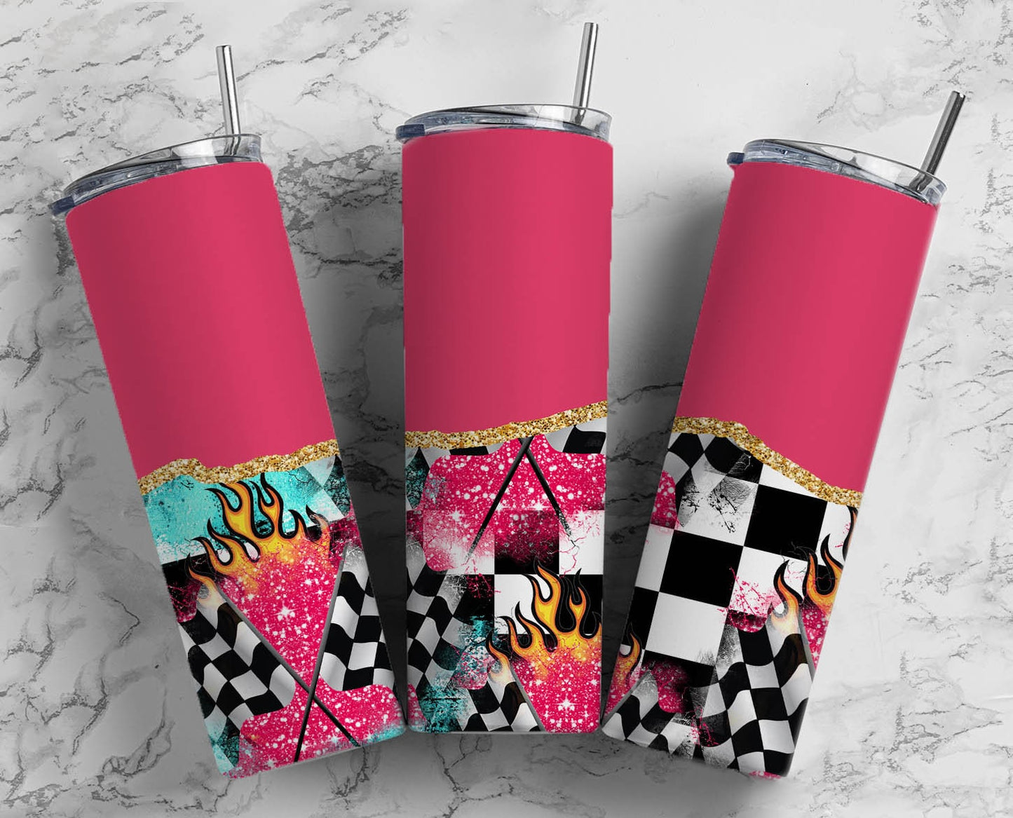 racing Car Hot Pink 20oz Sublimation Tumbler Designs, Checker Flag 9.2 x 8.3” Straight Skinny Tumbler Wrap 23