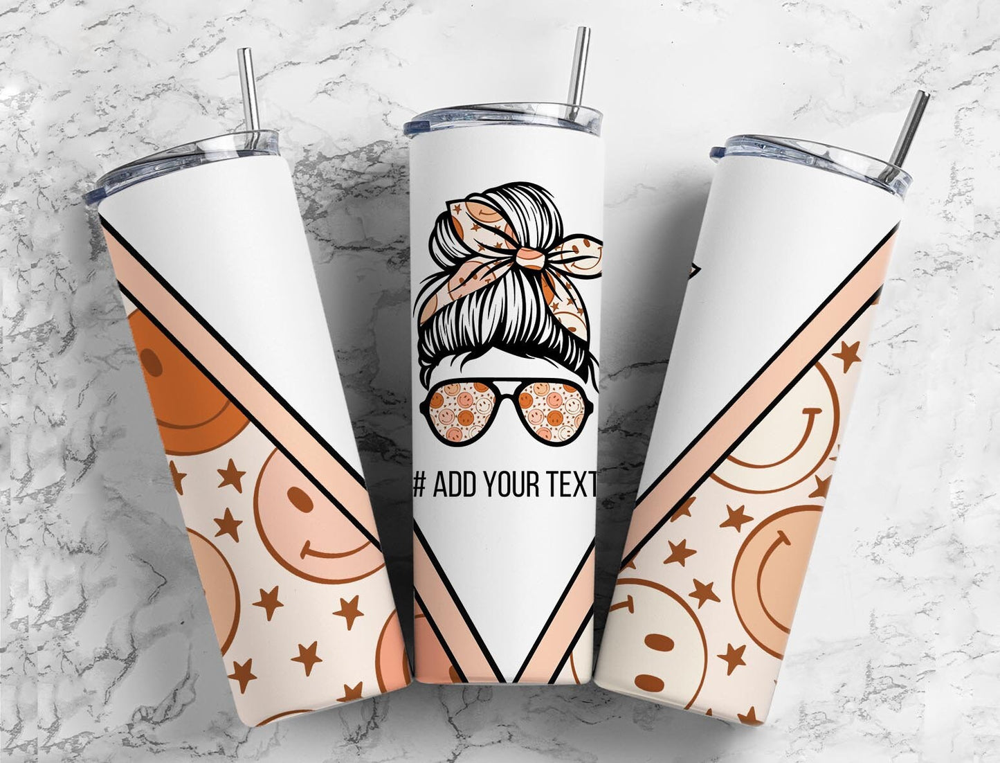 Smiley Face Retro 20oz Sublimation Tumbler Designs, Messy Bun, Flower Aesthetic 9.2 x 8.3” Straight Skinny Tumbler Wrap, Mom Life PNG, 10