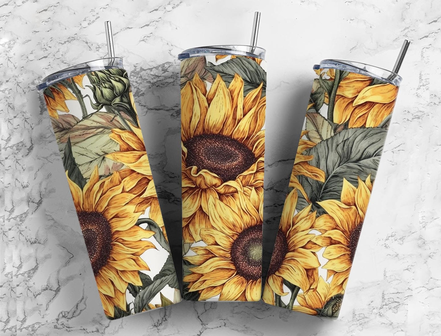 Sunflower floral 20oz Sublimation Tumbler Designs, Yellow floral 9.2 x 8.3” Straight Skinny Tumbler Wrap PNG