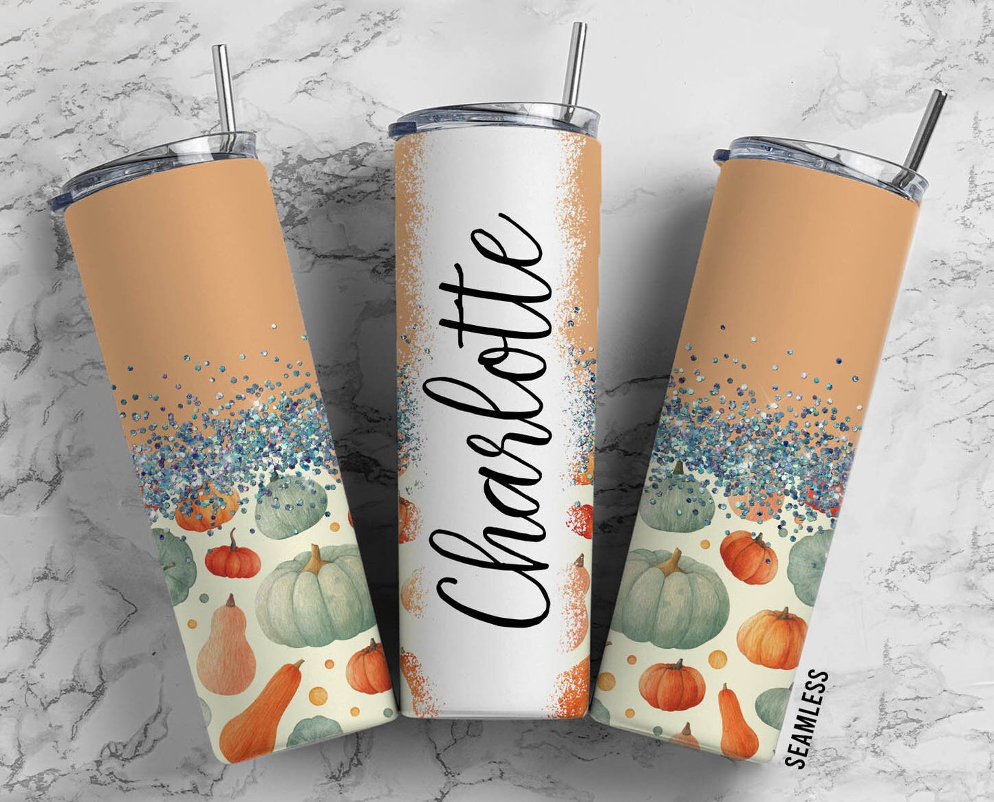 Pumpkin Fall 20oz Sublimation Tumbler Designs, Peach Silver Glitter Split9.2 x 8.3” Straight Skinny Tumbler Wrap PNG 157