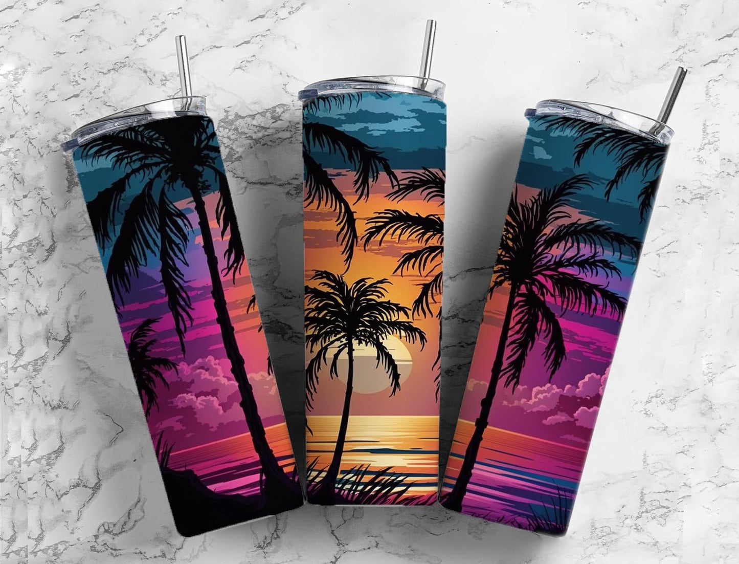 Beach sunset 20oz Sublimation Tumbler Designs, Ocean palm trees 9.2 x 8.3” Straight Skinny Tumbler Wrap PNG