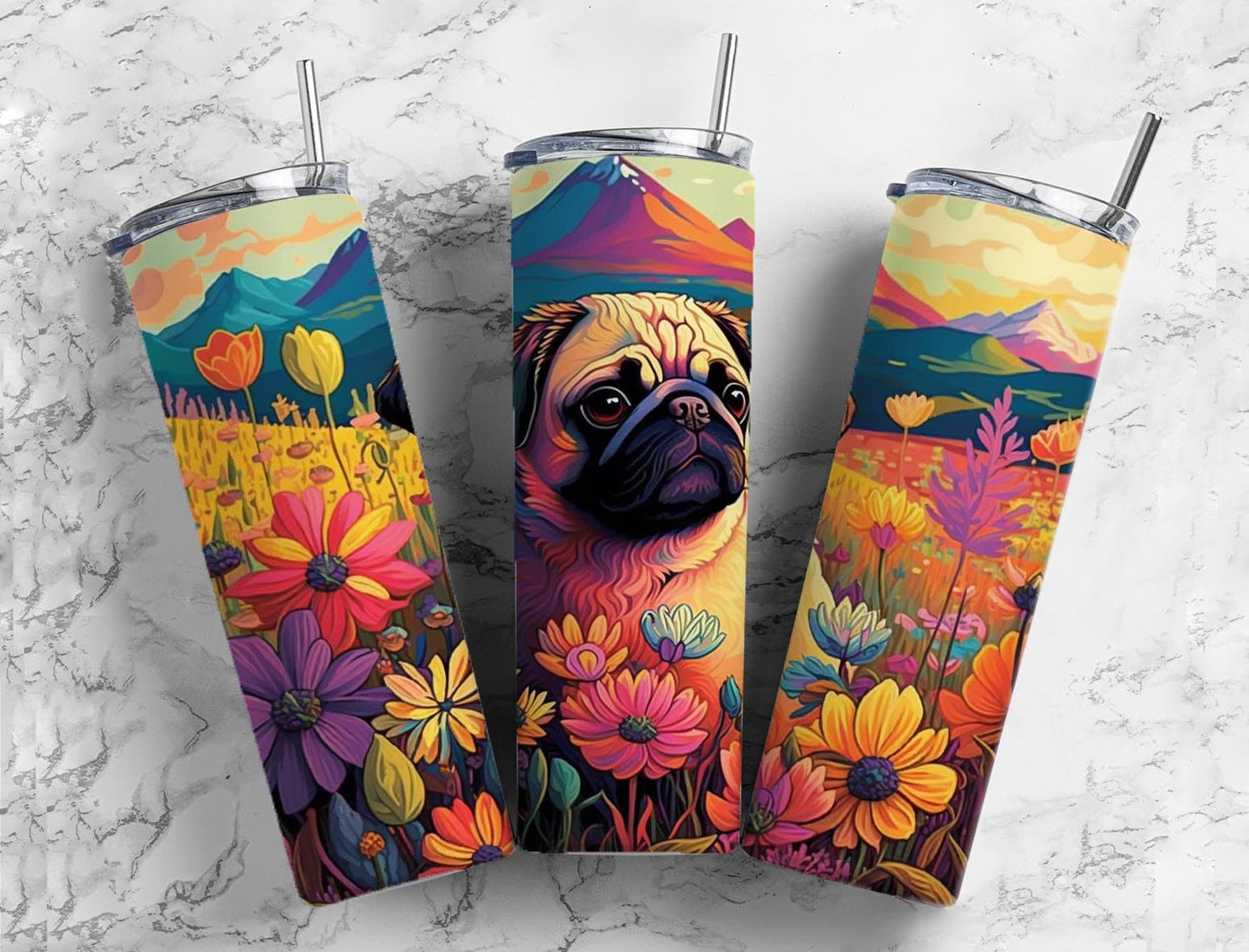 Rainbow pug dog 20oz Sublimation Tumbler Designs, floral landscape 9.2 x 8.3” Straight Skinny Tumbler Wrap PNG