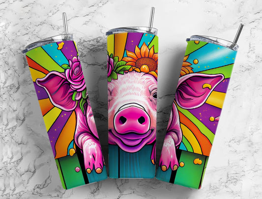 Country Pig 20oz Sublimation Tumbler Designs, Neon Colorful 9.2 x 8.3” Straight Skinny Tumbler Wrap PNG, Sublimation Design PNG