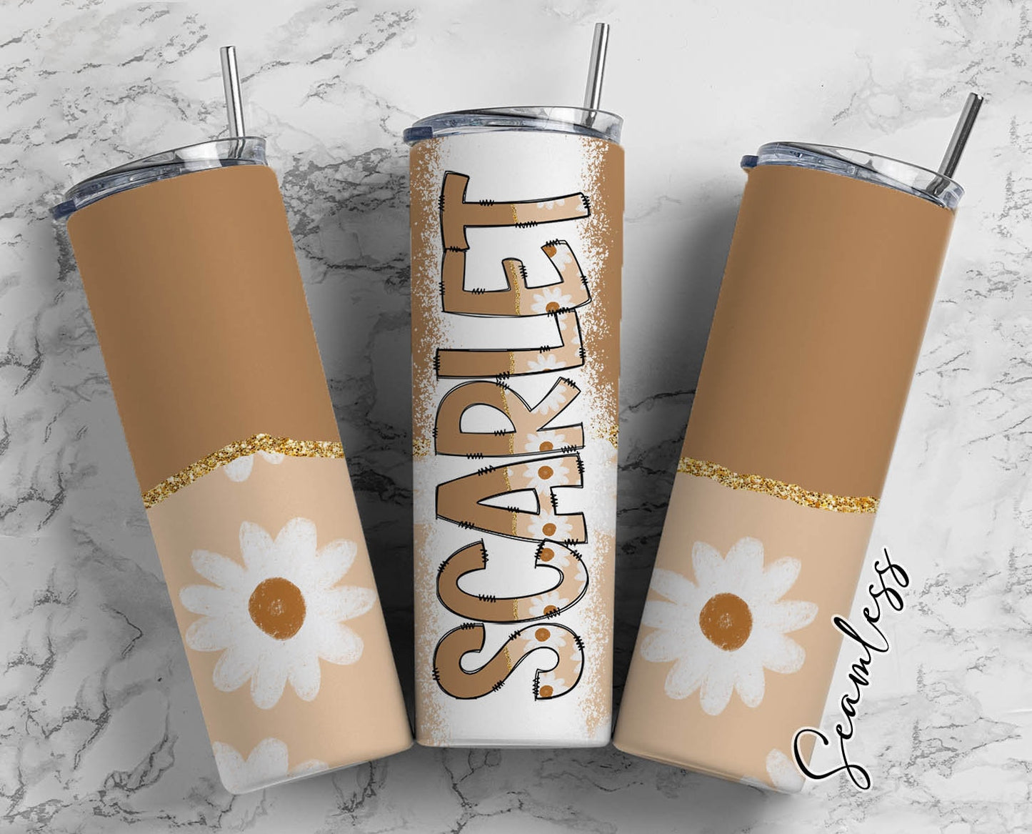 Boho Daisy Tumbler Wrap with Matching Doodle Letter Alphabet PNG, Floral Aesthetic Add your Own name 20oz Tumbler, Retro Alpha Set PNG 41