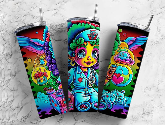 Cartoon Nurse 20oz Sublimation Tumbler Designs, Neon Rainbow 9.2 x 8.3” Straight Skinny Tumbler Wrap PNG