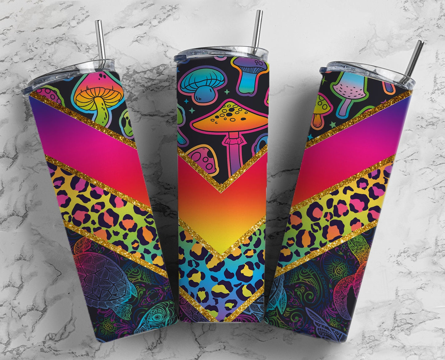 Bright Leopard Print Mushroom 20oz Sublimation Tumbler Designs, Flluro V Split 9.2 x 8.3” Straight Skinny Tumbler Wrap PNG 75