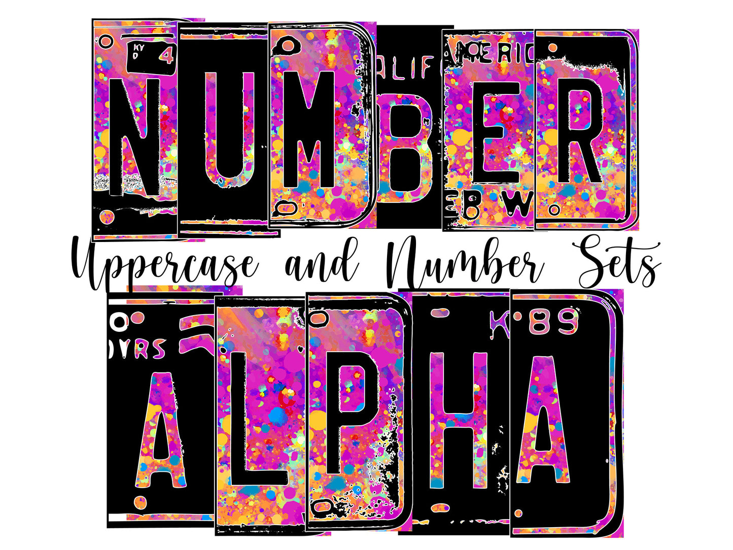 Paint Splatter Number Plate Alphabet Uppercase Numbers PNG, Rainbow Neon Alphabet PNG Digital Download