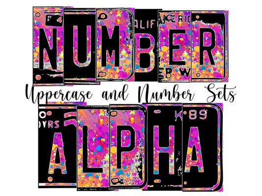 Paint Splatter Number Plate Alphabet Uppercase Numbers PNG, Rainbow Neon Alphabet PNG Digital Download