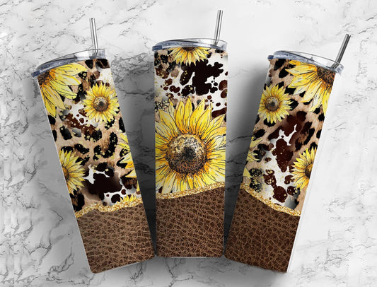 Sunflower and Tooled Leather 20oz Sublimation Tumbler Designs, Leopard Country Western 9.2 x 8.3” Straight Skinny Tumbler Wrap PNG