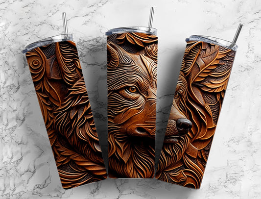 Engraved leather wolf 20oz Sublimation Tumbler Designs, tooled leather 9.2 x 8.3” Straight Skinny Tumbler Wrap PNG