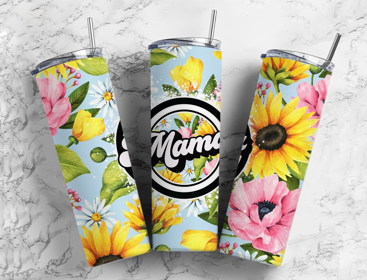 Mama Floral 20oz Sublimation Tumbler Designs, Sunflower Blue 9.2 x 8.3” Straight Skinny Tumbler Wrap PNG, Sublimation Design PNG